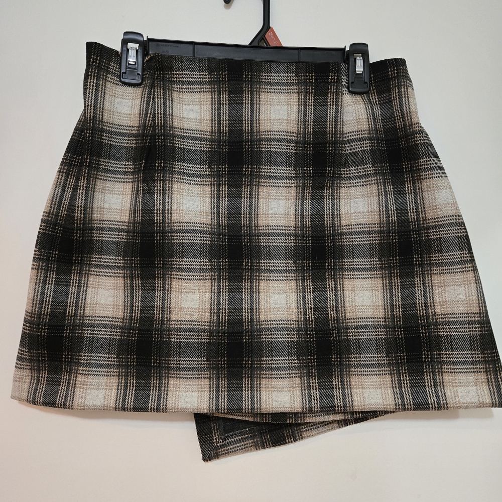 NWOT CATHERINE MALANDRINO Black/Camel Plaid Knit A-line Pull On Mini Skirt - Picture 8 of 9